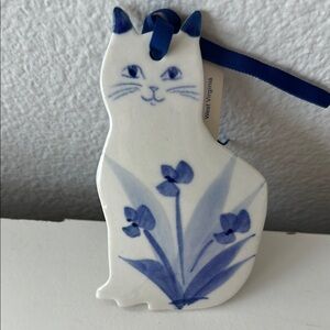 Vintage Blue and White Handmade Handpainted Porcelain Musical Cat Ornament